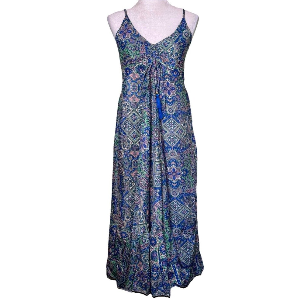 Women’s Silk Boho Hippie Maxi Dress Medallion Print Tassel Tie Sundress Sz S/M?